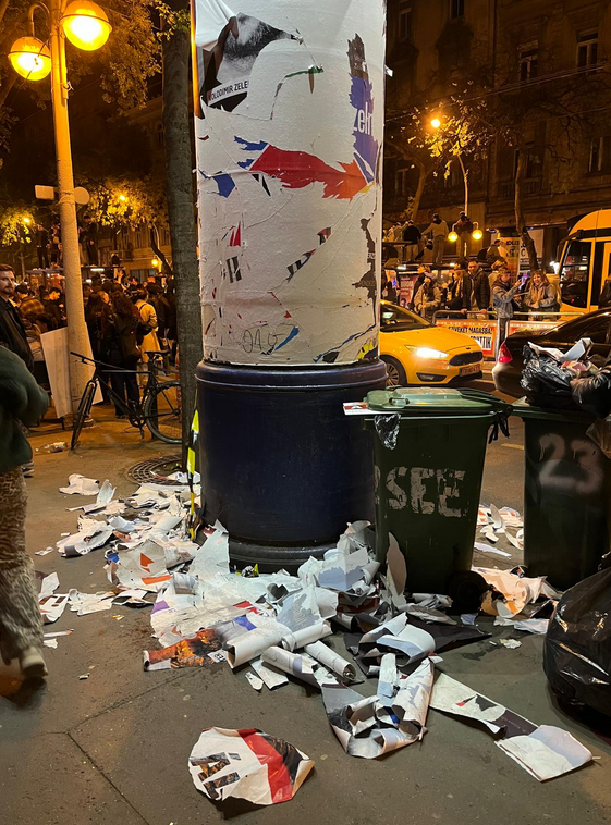 A lamppost, previously covered in political pro-Orbán posters that were ripped down on election night. Photo courtesy of Sara Uzonyi.